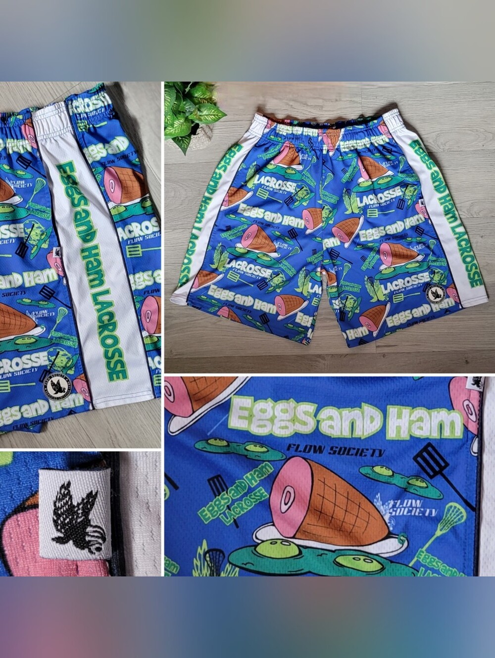 Flow Society "Eggs & Ham Lacrosse" Mesh Athletic Shorts with Pockets, Men Small